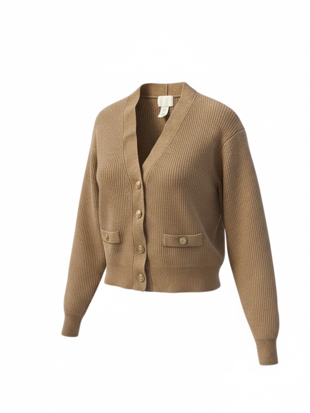 H&M Ribbed Button Cardigan in Camel
